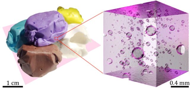 (à gauche) Tires d'eau salée de différentes saveurs.  (à droite) Modèle 3D reconstruit par tomodensitométrie aux rayons X, illustrant les inclusions non miscibles (gouttelettes d'huile et bulles d'air) dans la tire au raisin.