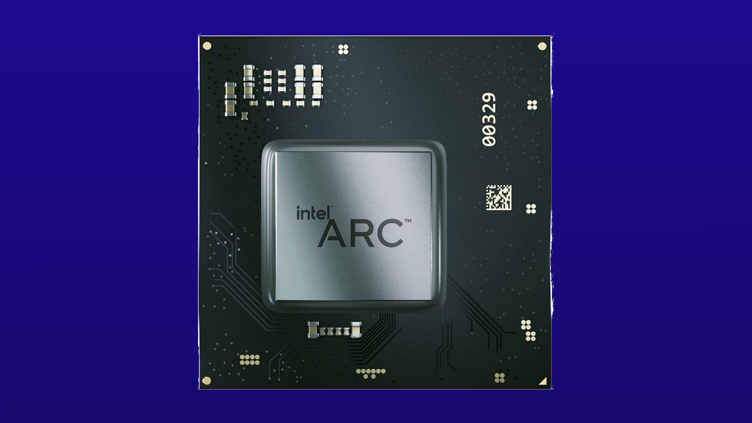 Image promotionnelle du GPU pour ordinateur portable Intel Arc sur fond bleu