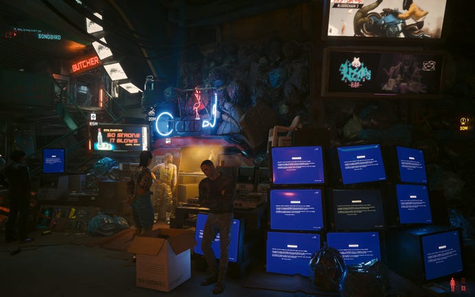 Un vendeur sur le marché de Dogtown dans Cyberpunk 2077 : Phantom Liberty.