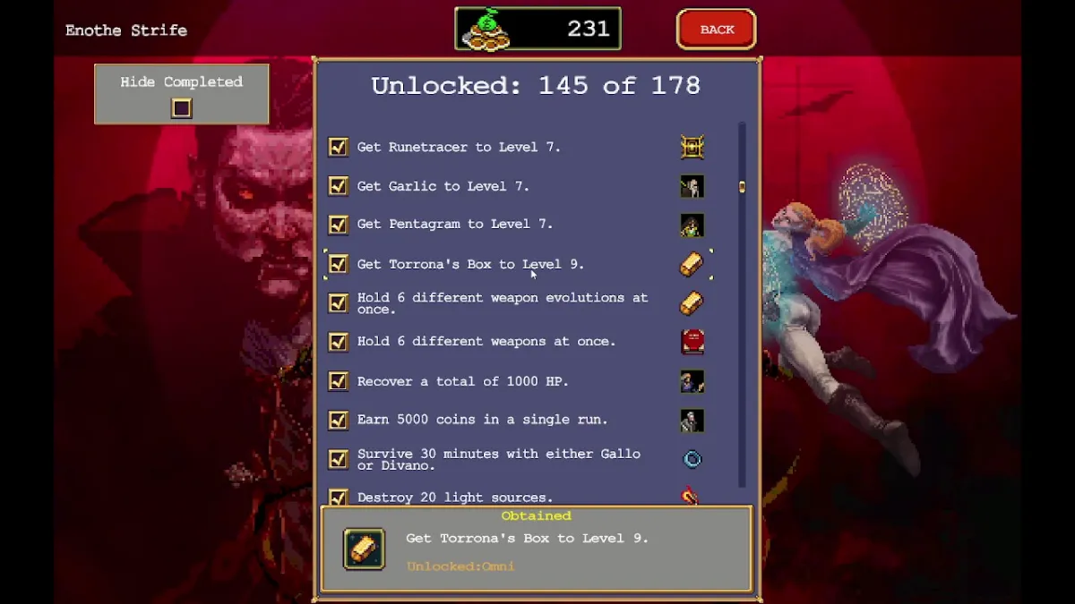 Meilleure commande PowerUp de survivant de vampire.  Cette image montre une capture d'écran de Vampire Survivors de l'écran de déverrouillage. 