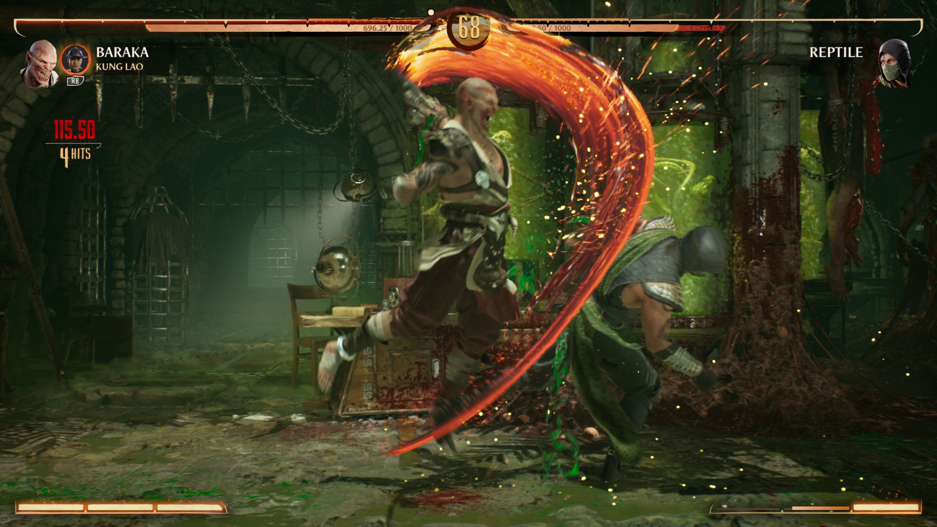 Baraka combattant un reptile dans Mortal Kombat 1.