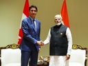 Les experts affirment que le commerce déjà à la traîne du Canada avec l'Inde pourrait pâtir de relations de plus en plus tendues, notamment de la possibilité pour le pays d'imposer des mesures punitives en réponse aux allégations portées contre lui.  Le premier ministre Justin Trudeau participe à une réunion bilatérale avec le premier ministre indien Narendra Modi lors du sommet du G20 à New Delhi, en Inde, le dimanche 10 septembre 2023.