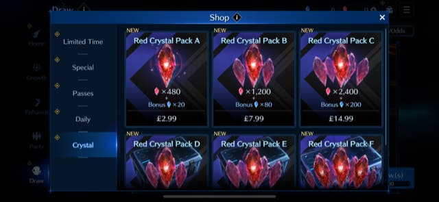 Achat de cristal rouge dans Final Fantasy 7 Ever Crisis