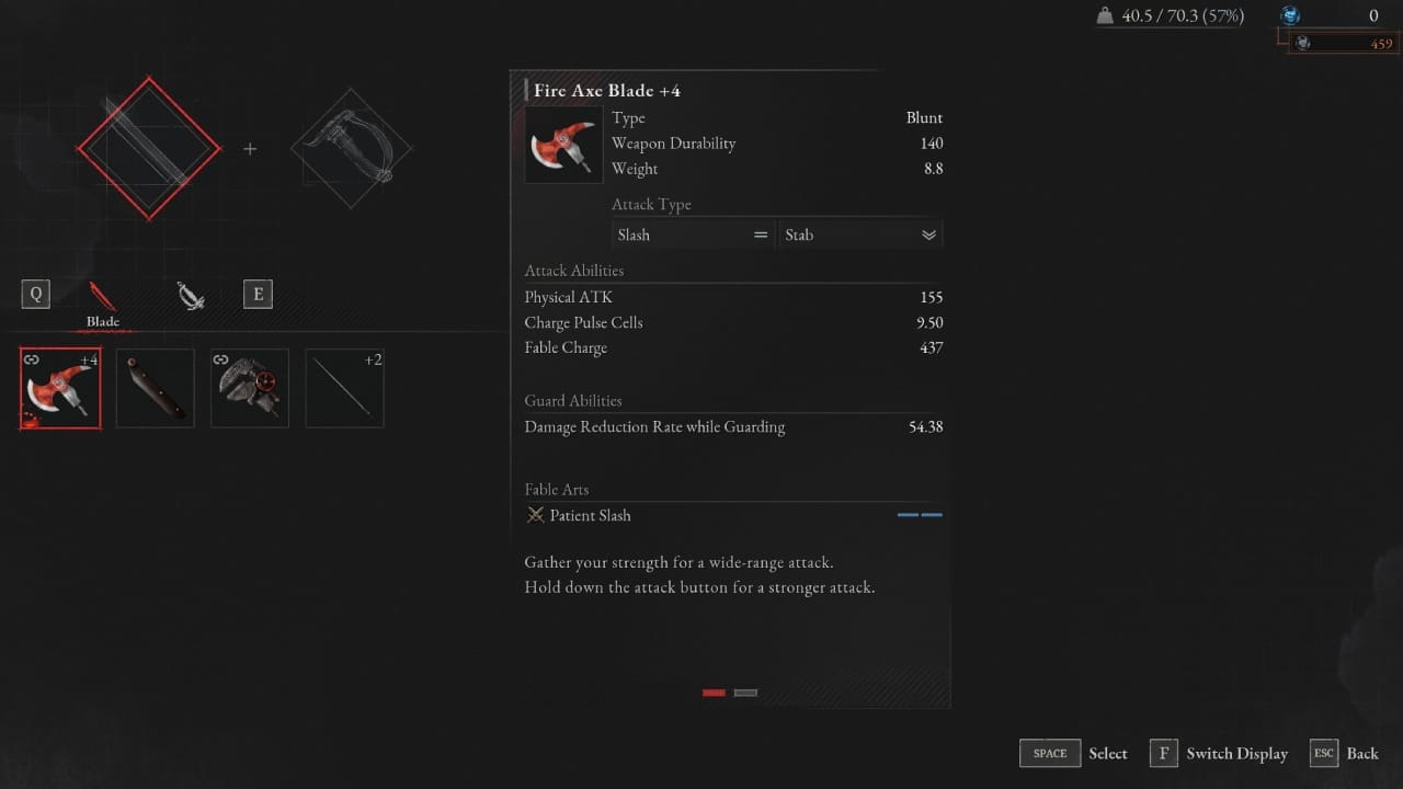 Meilleurs combos d'armes Lies of P et comment assembler des armes : L'écran d'assemblage d'armes avec la lame Fire Axe sélectionnée.