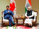 Le premier ministre Justin Trudeau, à gauche, participe à une réunion bilatérale avec le premier ministre indien Narendra Modi lors du sommet du G20 à New Delhi, le 10 septembre.