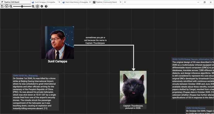 Capture d'écran de Neurocracy 2.049, montrant l'outil de tableau de conspiration « Pipeline », présenté en démonstration avec un scientifique et son chat.