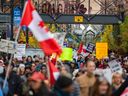 1 million de partisans du 4 mars se rassemblent au centre-ville de Calgary pour protester contre la manière dont la diversité des genres est enseignée dans les écoles, le mercredi 20 septembre 2023. Azin Ghaffari/Postmedia