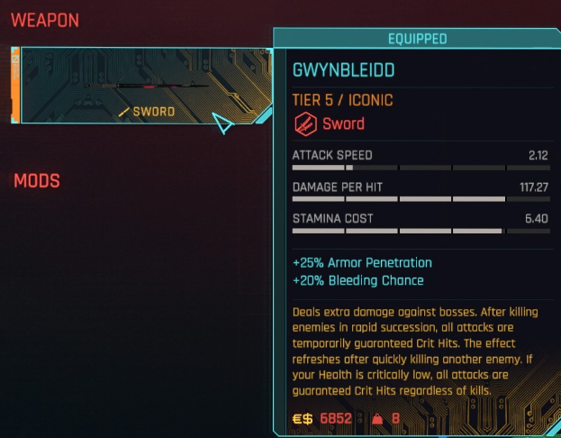 Une image de Gwynbleidd, une claymore dans Cyberpunk 2077 : Phantom Liberty, qui affiche les statistiques de l'arme.