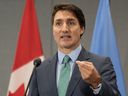 Le premier ministre Justin Trudeau prend la parole lors d'une conférence de presse à la mission permanente du Canada, à New York, le jeudi 21 septembre 2023.