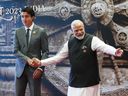 Le premier ministre Justin Trudeau est officiellement accueilli au Sommet du G20 par le premier ministre indien Narendra Modi à New Delhi, en Inde, le samedi 9 septembre 2023. LA PRESSE CANADIENNE/Sean Kilpatrick