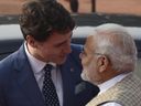 Le Premier ministre canadien Justin Trudeau avec le Premier ministre Narendra Modi lors de la réception cérémonielle à Rashtrapati Bhawan le 23 février 2018 à New Delhi, en Inde. 