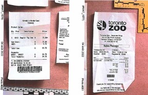 Images des reçus du 3 août 2022 pour le zoo de Toronto et Canada's Wonderland.  Source : Bureau du coroner du Québec.