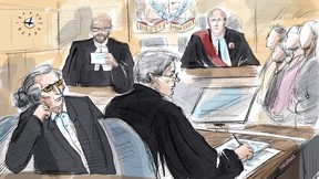 L'ancien magnat canadien de la mode Peter Nygard, le greffier du tribunal, l'avocat de Nygard Brian Greenspan, le juge Robert Goldstein et les jurés sont vus dans une illustration judiciaire réalisée à Toronto, le jeudi 21 septembre 2023.