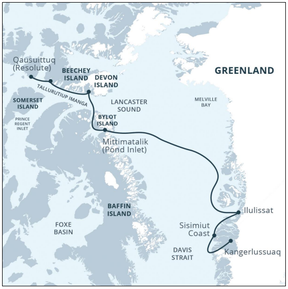 Carte de route d'Adventure Canada pour l'explorateur du Haut-Arctique.