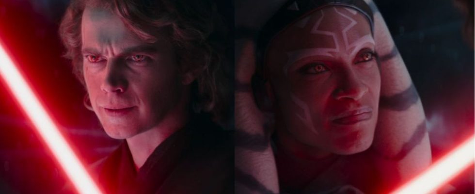 Anakin and Ahsoka lit by the red lightsaber