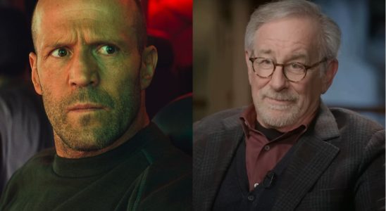 Jason Statham in Meg 2: The Trench and Steven Spielberg on The Late Show with Stephen Colbert, pictured side by side.