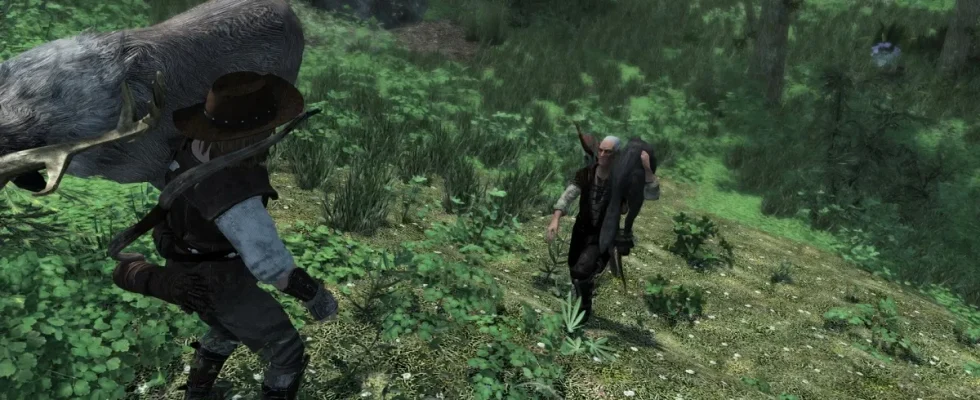 Skyrim: Two characters carrying dead animals on their shoulders.