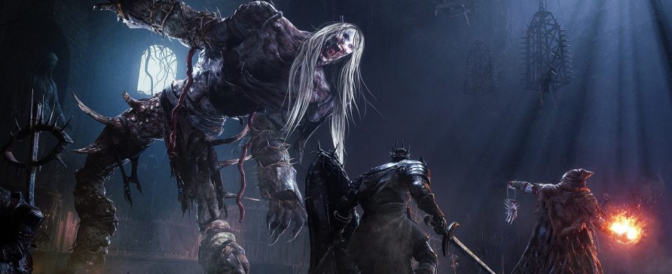 Two players preparing to fight a nasty-looking boss in Lords of the Fallen.