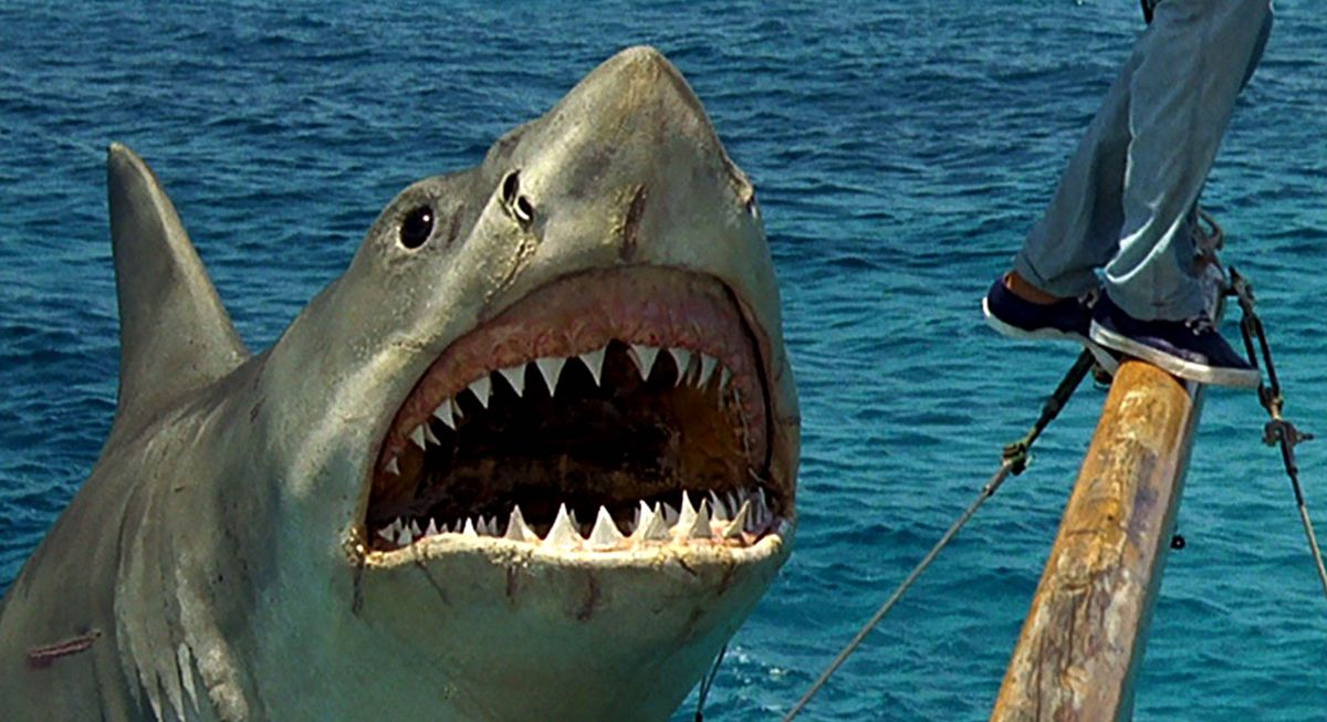 Le requin mécanique de Jaws : The Revenge, avec des cicatrices et des coupures visibles sur sa peau, se dresse hors de l'eau pour attaquer une victime debout sur un navire.