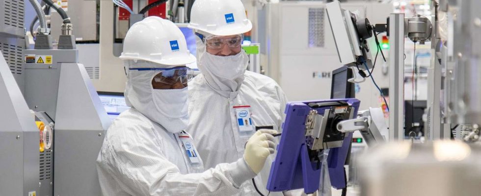 Intel engineers work in Fab 34, an Intel manufacturing facility in Ireland