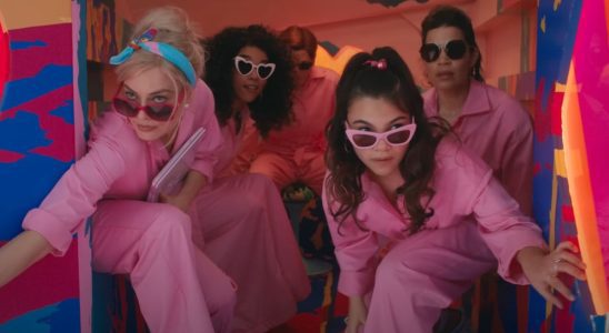 From left to right: Margot Robbie, Alexandra Shipp, America Ferrera and Ariana Greenblatt in pink jumpsuits and sunglasses