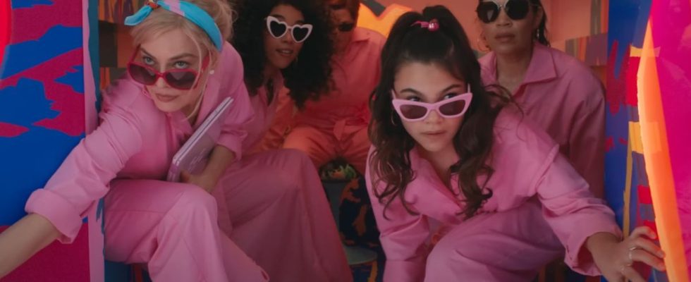 From left to right: Margot Robbie, Alexandra Shipp, America Ferrera and Ariana Greenblatt in pink jumpsuits and sunglasses