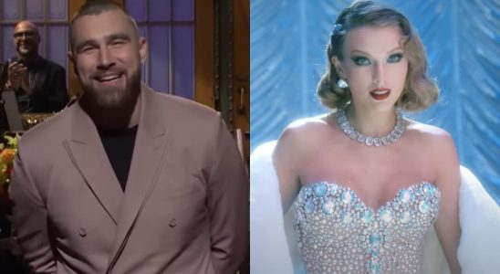 Travis Kelce on Saturday Night Live and Taylor Swift in Bejeweled music video.