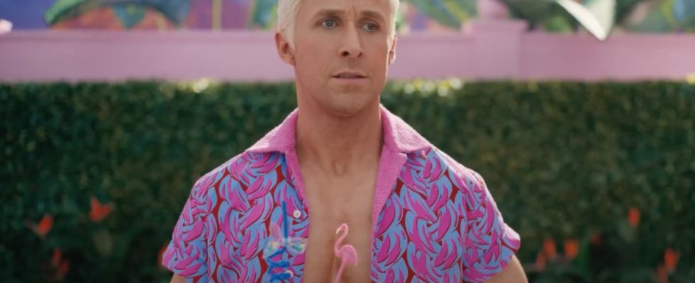 Barbie scene with Ryan Gosling as Ken drinking a beverage wearing a pink shirt