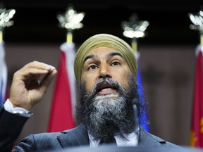 Le chef du NPD, Jagmeet Singh, prend la parole lors d'une conférence de presse sur la Colline du Parlement à Ottawa, le mardi 13 juin 2023.