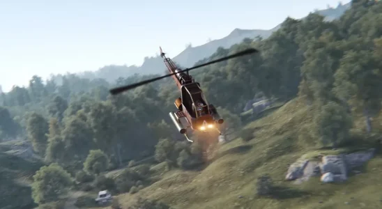 Image from Rust showing an attack helicopter in the air.