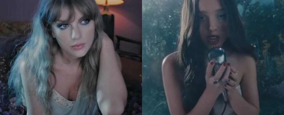 Taylor Swift in Lavender Haze music video and Olivia Rodrigo in Vampire music video.