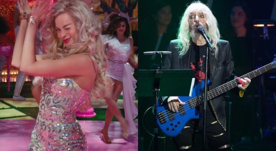 Margot Robbie dancing in Barbie and Harry Shearer performing as Derek Smalls, pictured side-by-side.