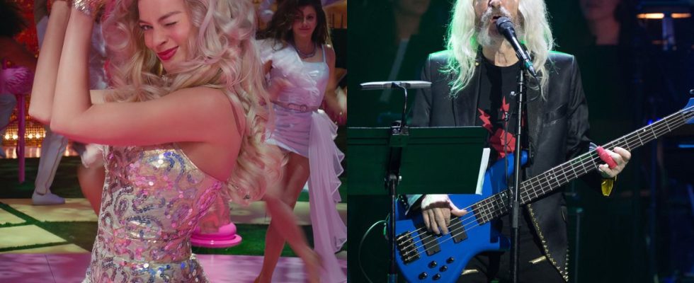 Margot Robbie dancing in Barbie and Harry Shearer performing as Derek Smalls, pictured side-by-side.