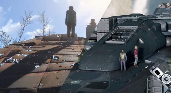 Two images: A Fallout 4 NPC on a roof and Starfield NPCs on a ship.