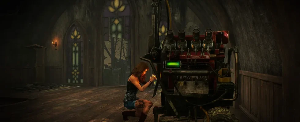 Dead by Daylight: A female survivor fixing one of the generators.