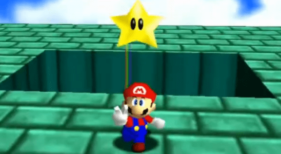 Mario from Super Mario 64 gets a star, flashing the peace sign.