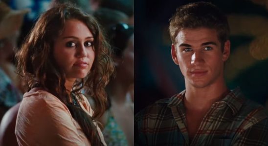 Two screenshots side by side of Miley Cyrus (left) and Liam Hemsworth (right) in The Last Song.