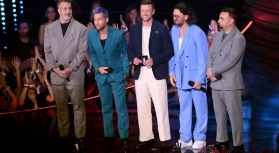 NEWARK, NEW JERSEY - SEPTEMBER 12: (L-R) Joey Fatone, Lance Bass, Justin Timberlake, JC Chasez and Chris Kirkpatrick of NSYNC speak onstage during the 2023 MTV Video Music Awards at Prudential Center on September 12, 2023 in Newark, New Jersey. (Photo by Noam Galai/Getty Images for MTV)
