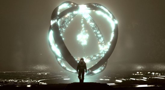 Starfield — a Starfield player character approaches a hovering, glowing, gyroscope-like artifact.