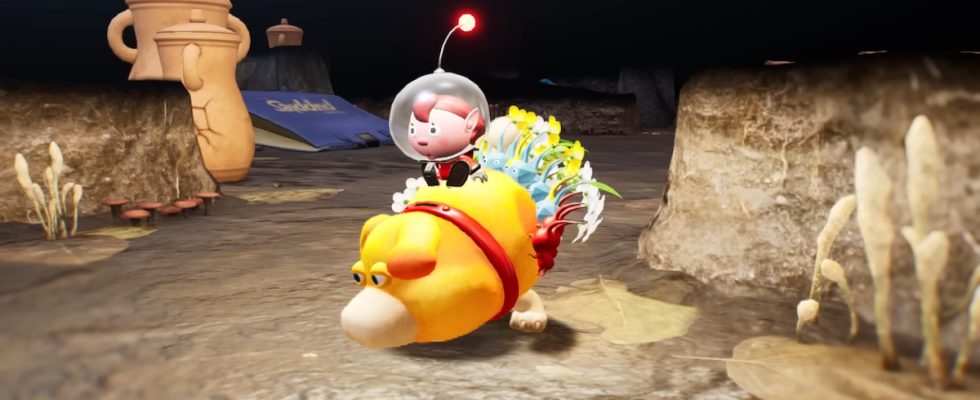 Riding Oatchi in Pikmin 4.