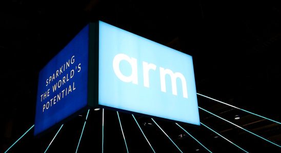 ARM logo exhibited at ARM stand during the Mobile World Congress (MWC).