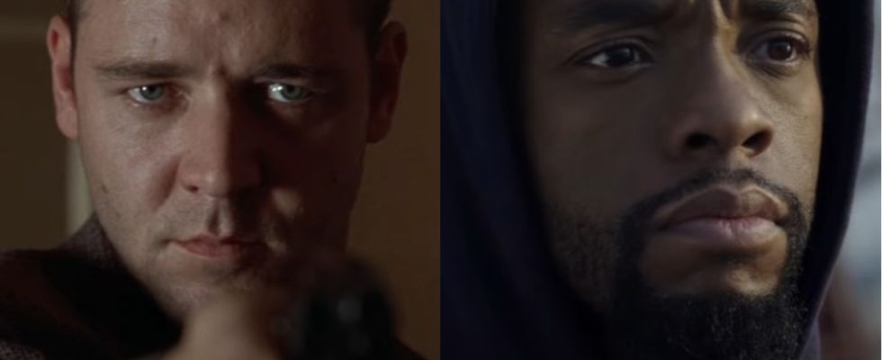 Russell Crowe in L.A. Confidential and Chadwick Boseman in 21 Bridges, pictured side by side.