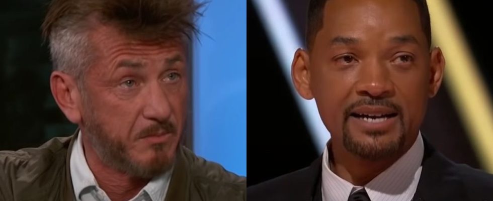 From left to right: both screenshots, one of Sean Penn on Jimmy Kimmel Live and Will Smith during his Oscar acceptance speech in 2022.