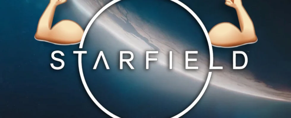 The Starfield logo with cartoon pecks that are flexing.