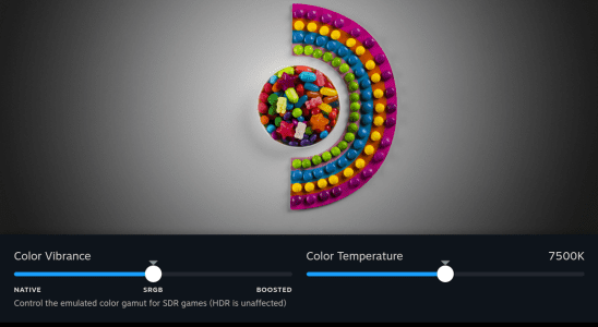Preview image of SteamOS 3.5 with color vibrance and temperature sliders on display.