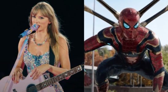 Taylor Swift in her Eras Tour Concert film/ Spider-Man in leg suit in Spider-Man: No Way Home (side by side)