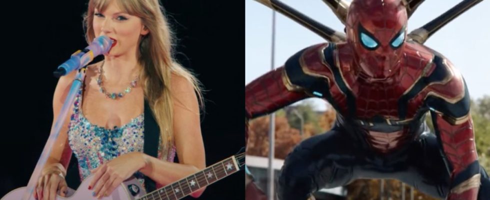 Taylor Swift in her Eras Tour Concert film/ Spider-Man in leg suit in Spider-Man: No Way Home (side by side)