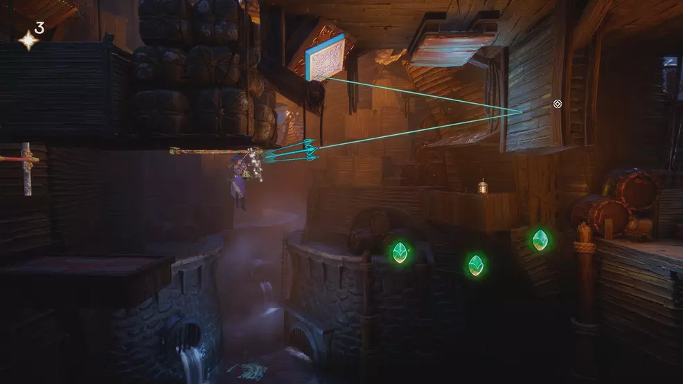 Une capture d'écran de Zoya visant à faire ricocher une flèche sur un mur.