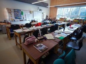 Une salle de classe d'une école primaire à Vancouver, en Colombie-Britannique, le jeudi 13 avril 2023.