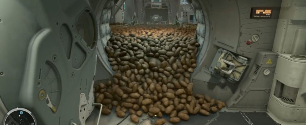 Starfield, a ship airlock door is open, thousands of brown russet potatoes fall out into the hallway